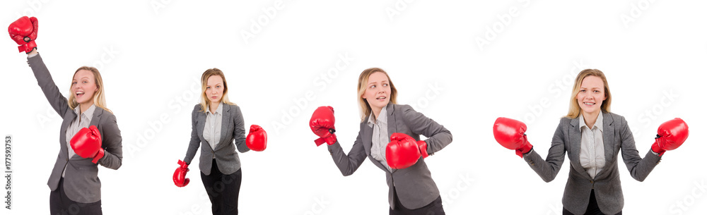 Woman businesswoman with boxing gloves on white Woman businesswoman with boxing gloves on white