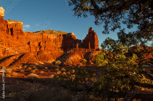 Stunning sunset view of Chimney Rock with tree in foreground in Capitol Reef National Park in Utah.