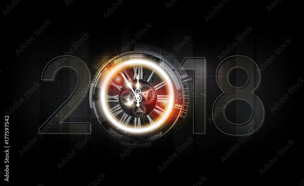 Happy New Year 2018 celebration with white light abstract clock on futuristic technology background, countdown concept, vector illustration