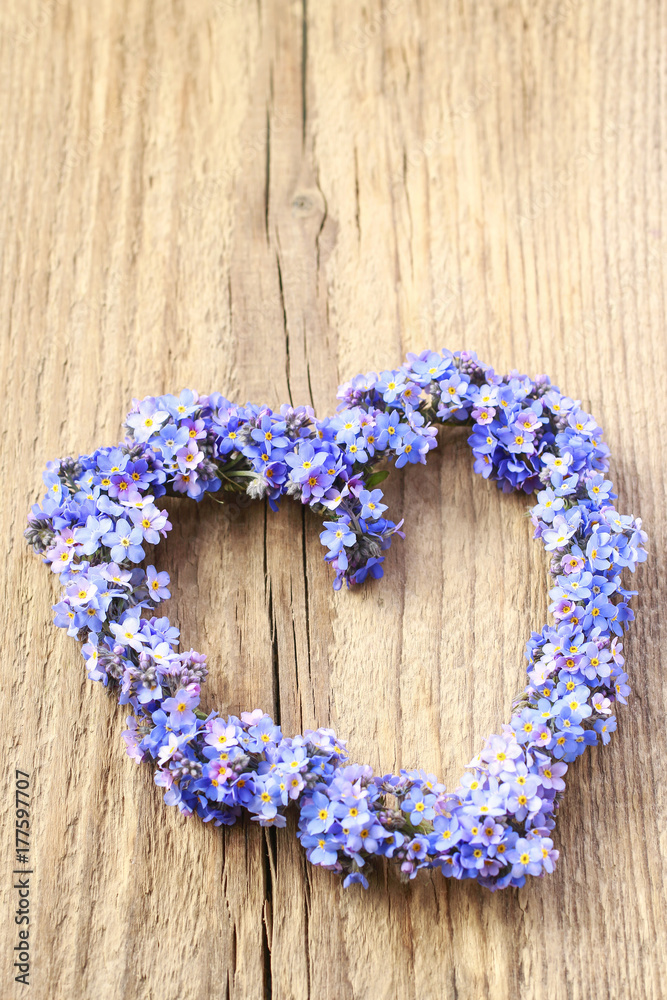 Heart shaped wreath made of forget-me-not flowers. Heart shaped wreath made of forget-me-not flowers.