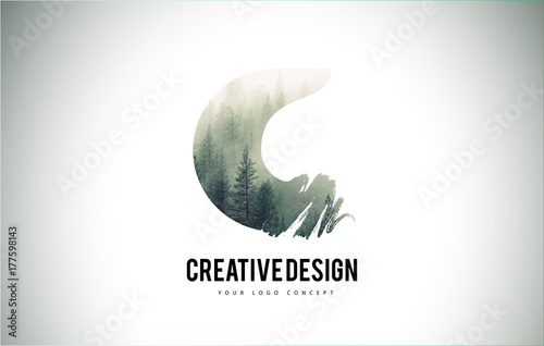 C Letter Brush with Forest Fog Texture. Forest Trees Letter Logo Design.