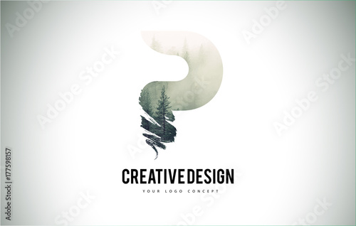 P Letter Brush with Forest Fog Texture. Forest Trees Letter Logo Design.