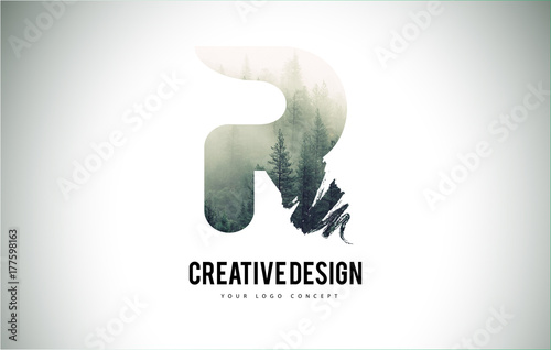 R Letter Brush with Forest Fog Texture. Forest Trees Letter Logo Design.