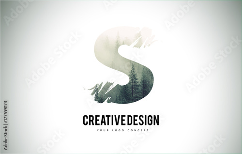 S Letter Brush with Forest Fog Texture. Forest Trees Letter Logo Design.