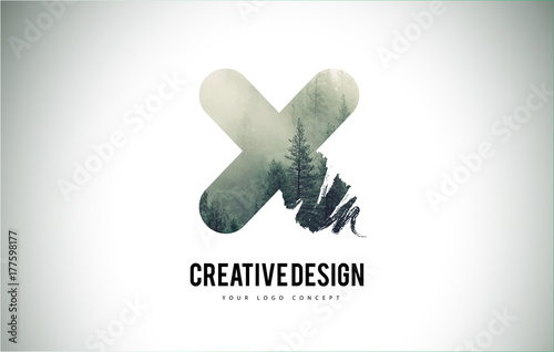 X Letter Brush with Forest Fog Texture. Forest Trees Letter Logo Design.