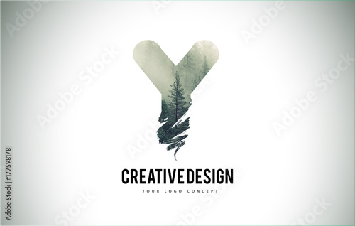Y Letter Brush with Forest Fog Texture. Forest Trees Letter Logo Design.