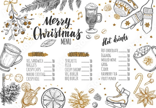 Merry Christmas festive Winter Menu on Chalkboard. Design template includes different Vector hand drawn illustrations and Brushpen Modern Calligraphy. Beverages, food and christmas elements.