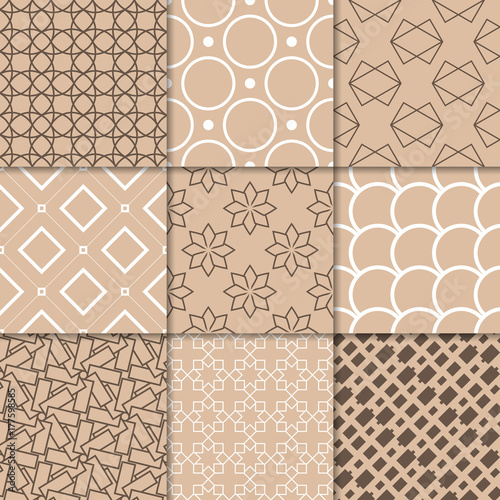 Brown beige geometric ornaments. Collection of seamless patterns