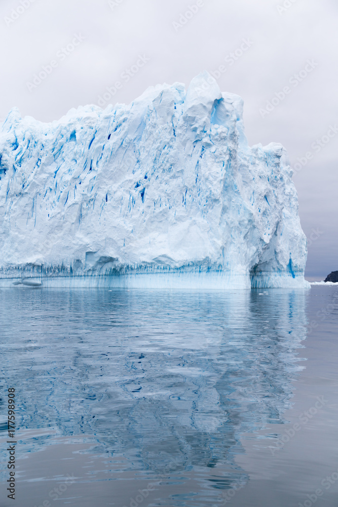 A huge iceberg has calved from a glacier. Showing beautiful blue ice