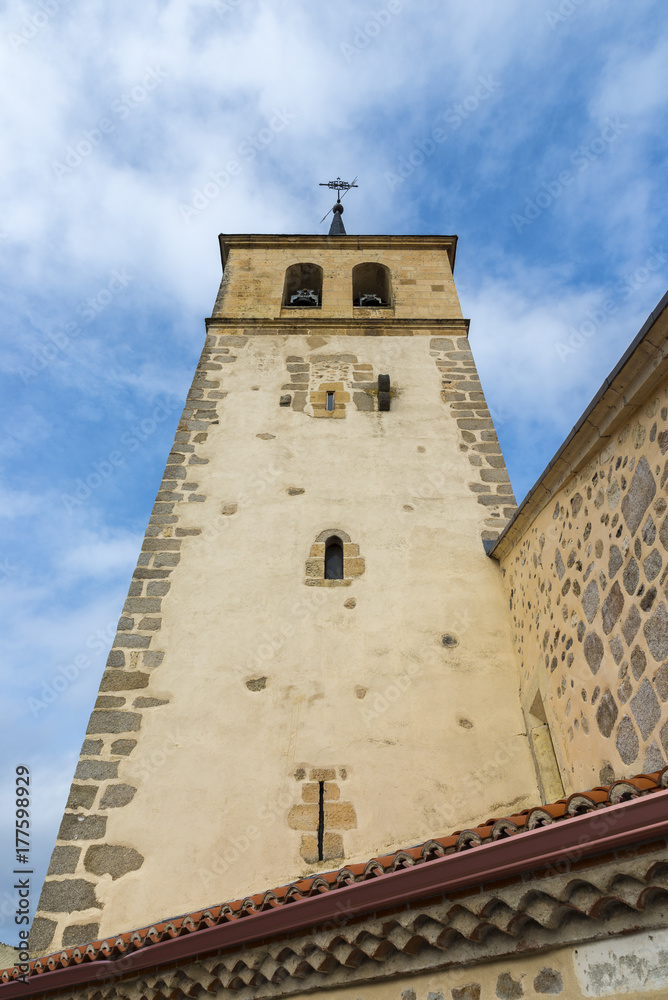 Bell tower of the San Andres Church, in Rascafria, Madrid, Spain. It was built in the XV century