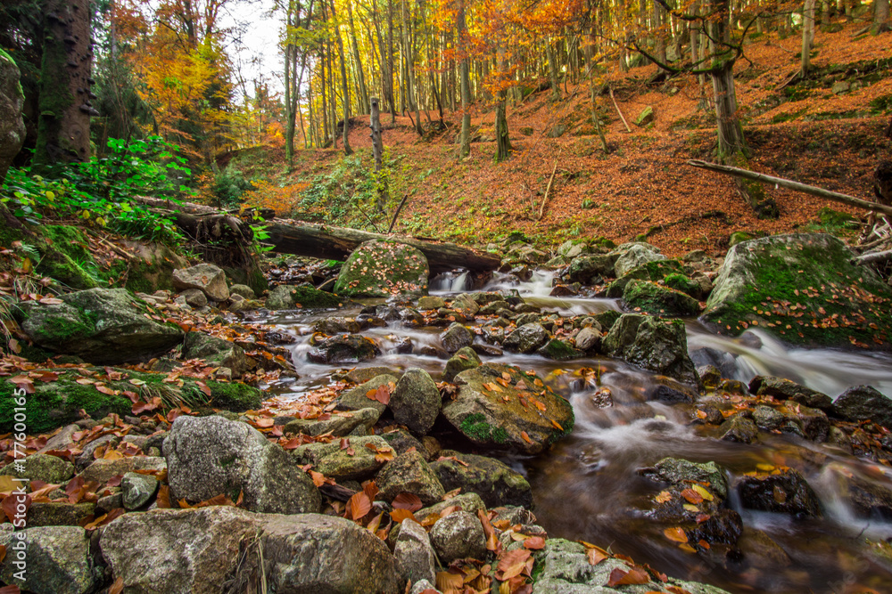 Mountain stream with waterfall in an autumn forest. time exposure Mountain stream with waterfall in an autumn forest. time exposure