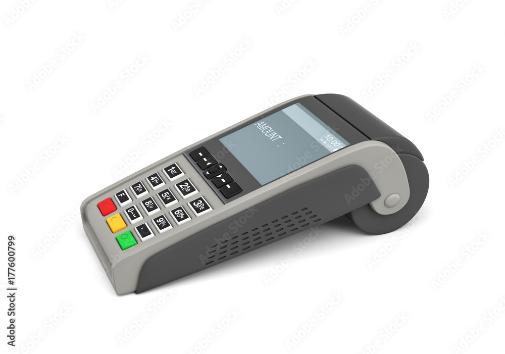3d rendering of an empty card payment terminal in side view isolated on white background. 3d rendering of an empty card payment terminal in side view isolated on white background.
