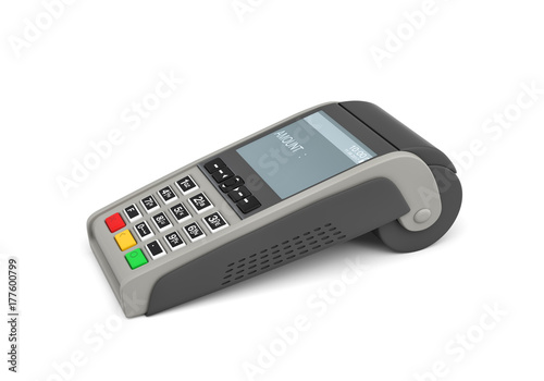 3d rendering of an empty card payment terminal in side view isolated on white background.