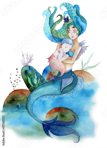 Dekoracja na wymiar  watercolor-hand-paint-mermaid-holding-a-baby-mermaid-on-white-background