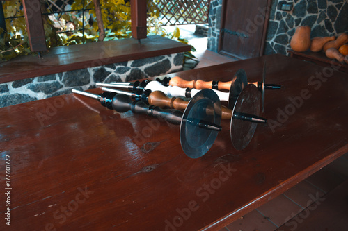 Hookah on a wooden background in the autumn afternoon. photo