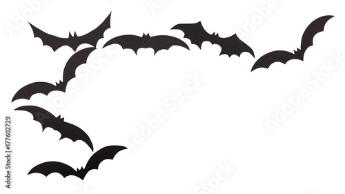 Silhouettes of volatile bats carved out of black paper are isolated on white