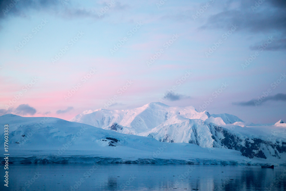 The Antarctic Peninsula in twilight.