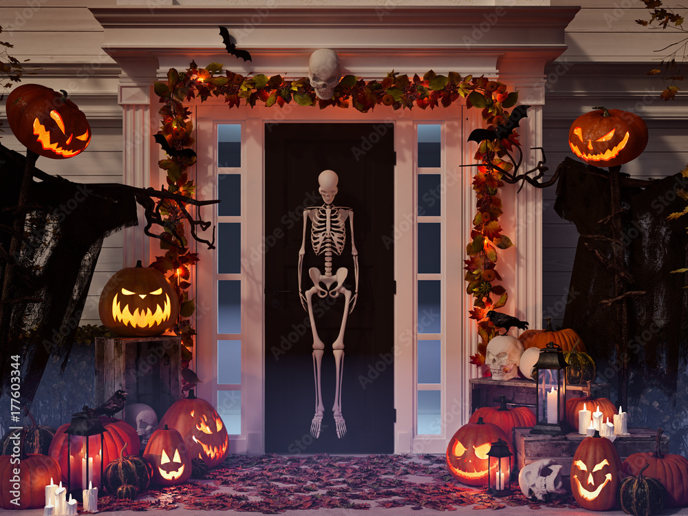 Fototapeta premium halloween decorated house with pumpkins and skulls. 3d rendering