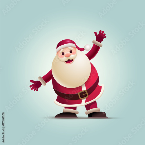 Santa Claus is raising his arms up