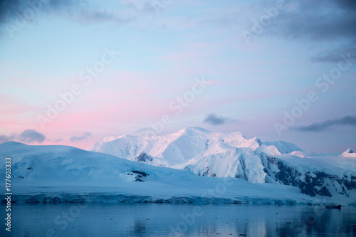 The Antarctic Peninsula in twilight.