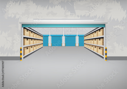 Warehouse or industrial building. Consist of cargo box on shelf and empty space. Use as distribution center for loading, storage, warehousing, shipping and freight forwarding. Vector illustration.