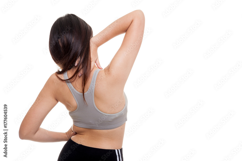 Asian healthy girl got neck pain and back pain. Asian healthy girl got neck pain and back pain.