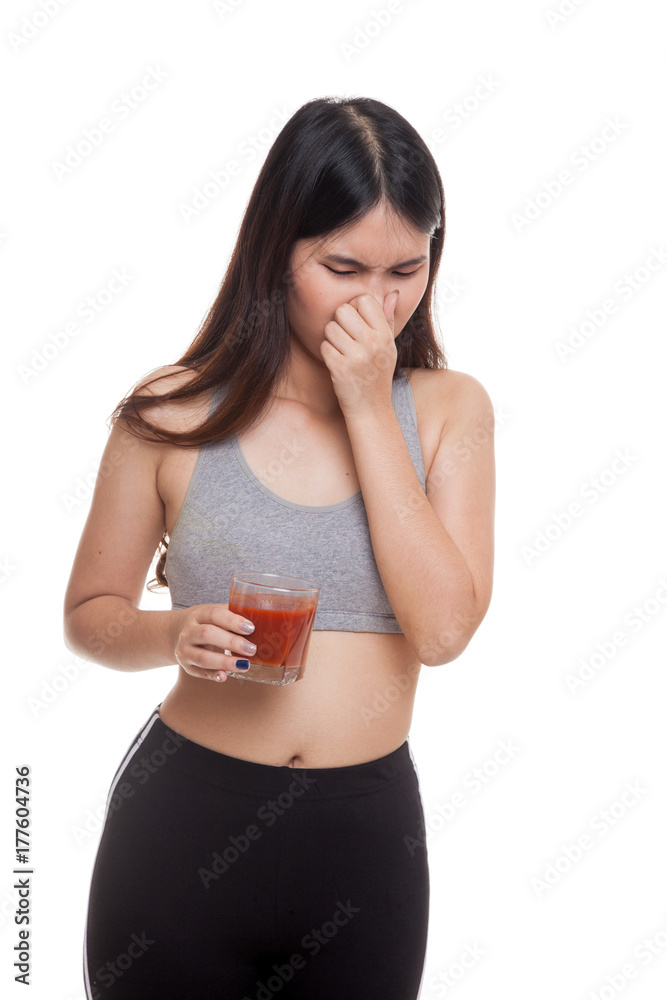Beautiful healthy Asian girl hate tomato juice. Beautiful healthy Asian girl hate tomato juice.