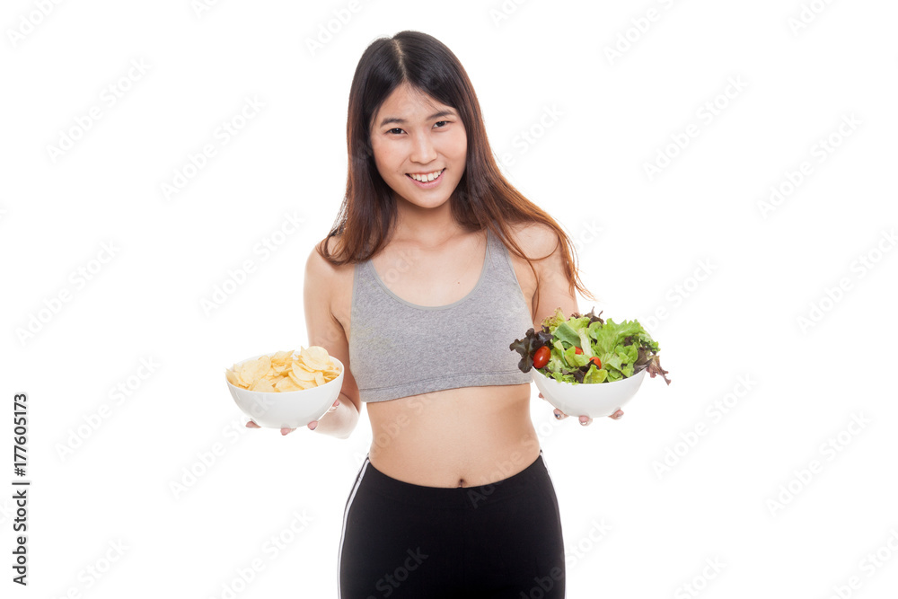 Beautiful Asian healthy girl salad and potato chips. Beautiful Asian healthy girl salad and potato chips.