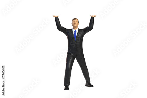 tiny toy miniature businessman figure lifting, concept isolated on white background