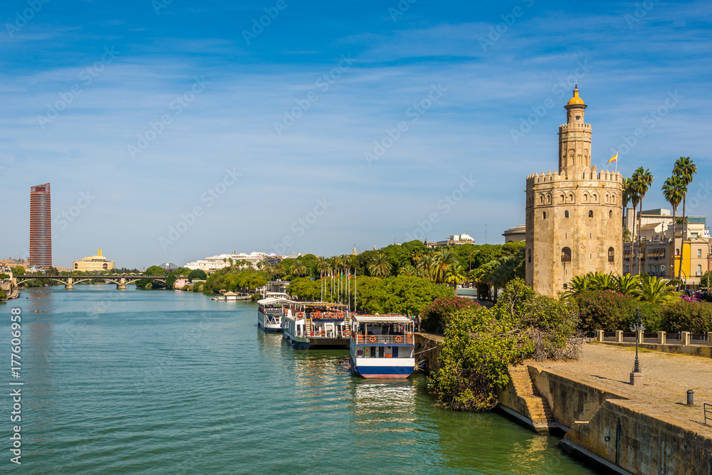Tower of gold (Torre del Oro) with Guadalquivir river in Sevilla, Spain