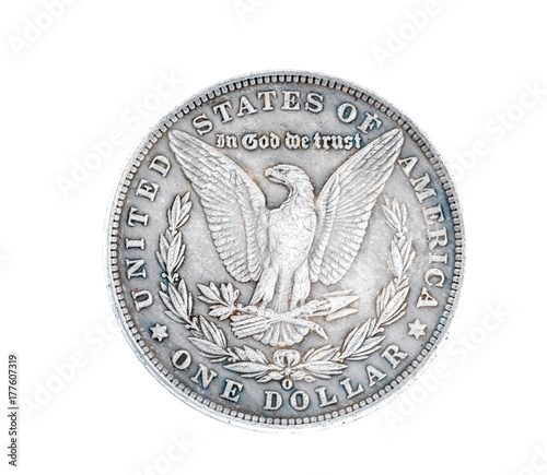 Reverse side of USA Morgan Silver Dollar 1889 showing golden eagle.