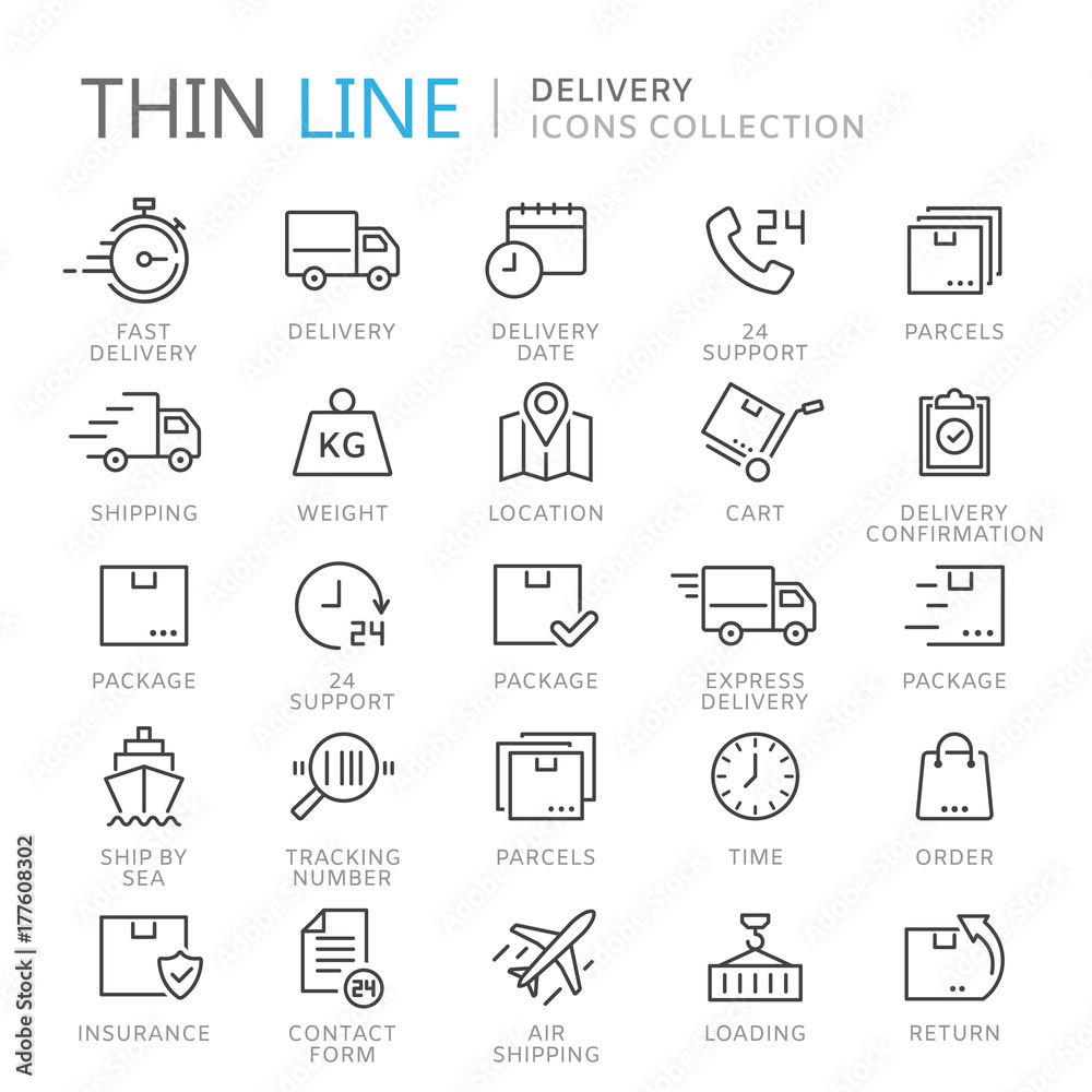 Collection of delivery thin line icons