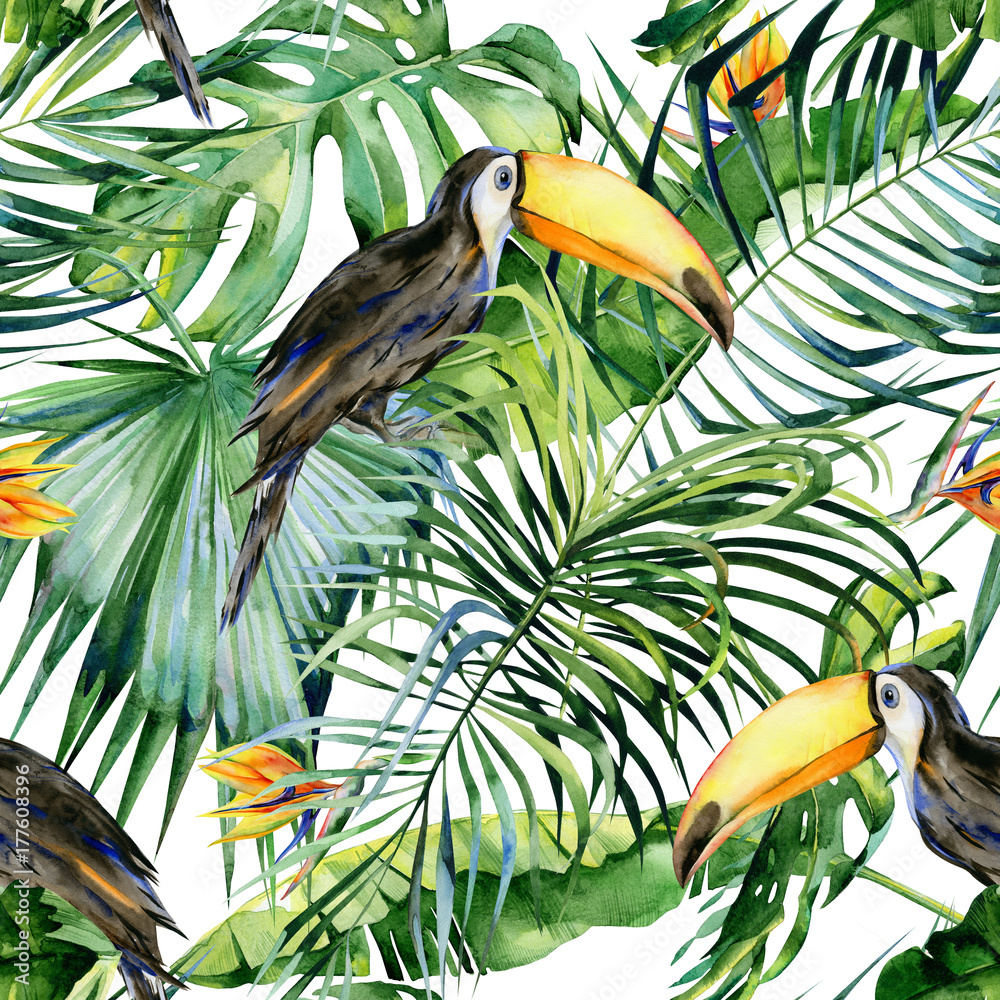 Fototapeta premium Bezszwowa akwareli ilustracja ptaka pieprzojada. Ramphastos. Tropikalne liście, gęsta dżungla. Strelitzia reginae kwiat. Malowane ręcznie. Wzór z tropikalnym motywem letnim. Liście palm kokosowych.