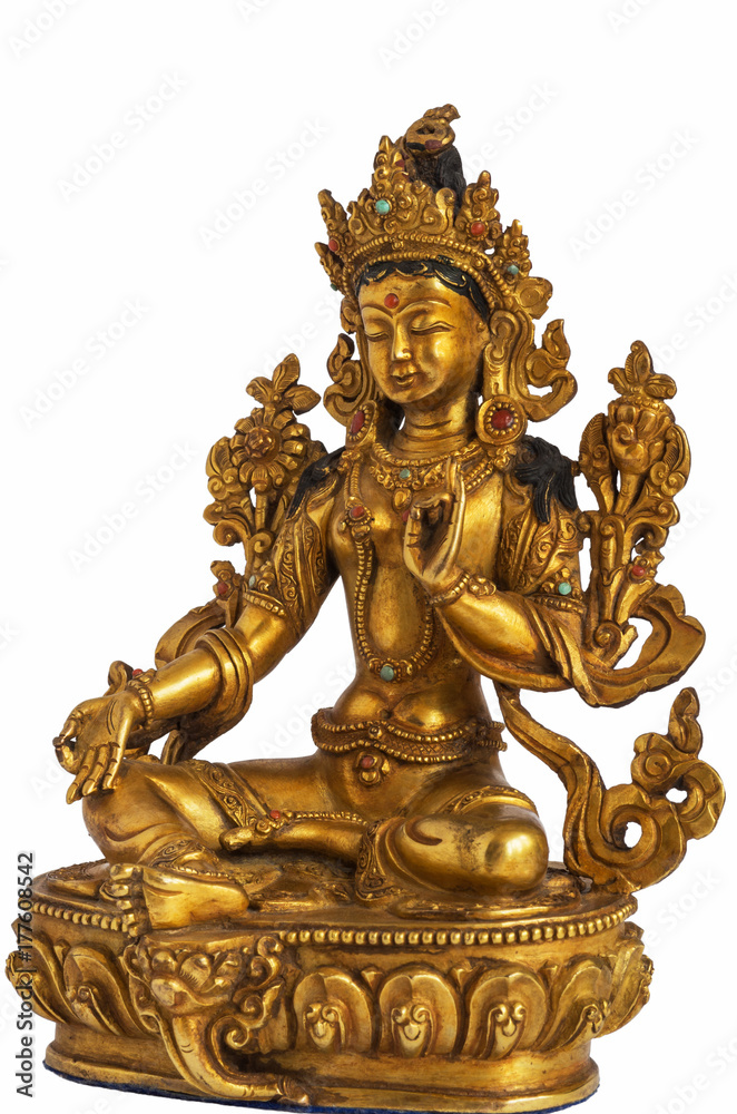 The Green Tara ( Syama Tara) statuette isolated on the white background; Buddha sits in the lotus position