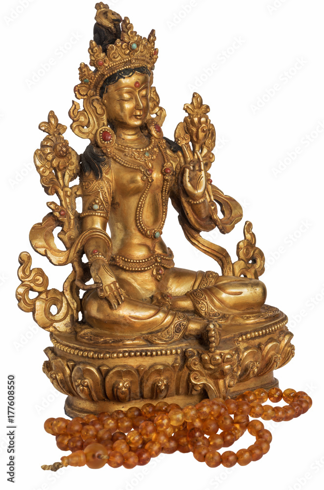 The Syama Tara (Green Tara) statuette with amber beads; Buddha sits in the lotus position