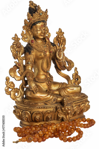 The Syama Tara (Green Tara) statuette with amber beads; Buddha sits in the lotus position