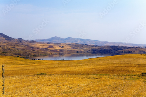 Landscape with field, mountains and pond.