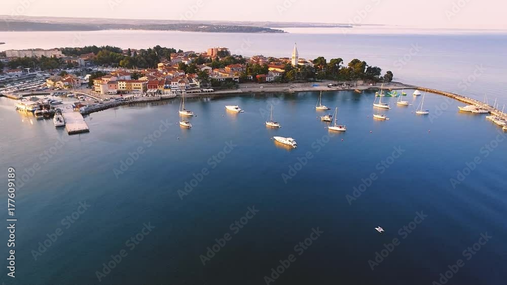 aerial drone view of sunrise over novigrad in summer aerial drone view of sunrise over novigrad in summer