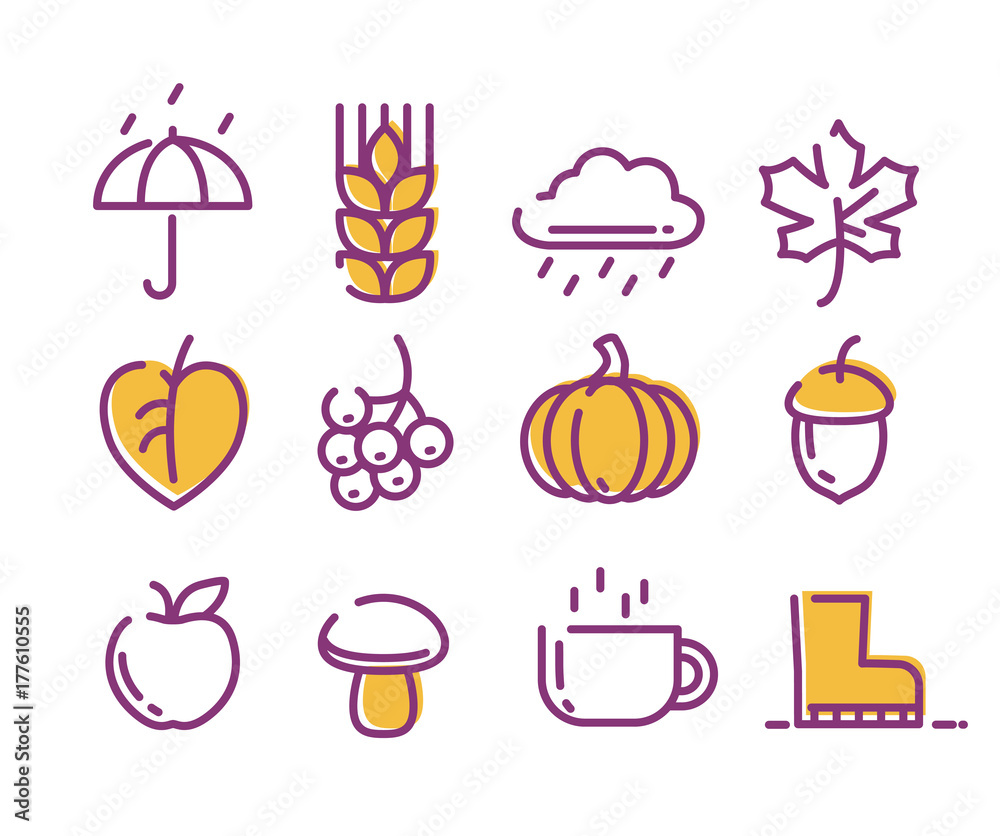 Fototapeta premium Cute linear autumn icons set.