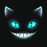 Fantasy scary smiling cat face on black background.