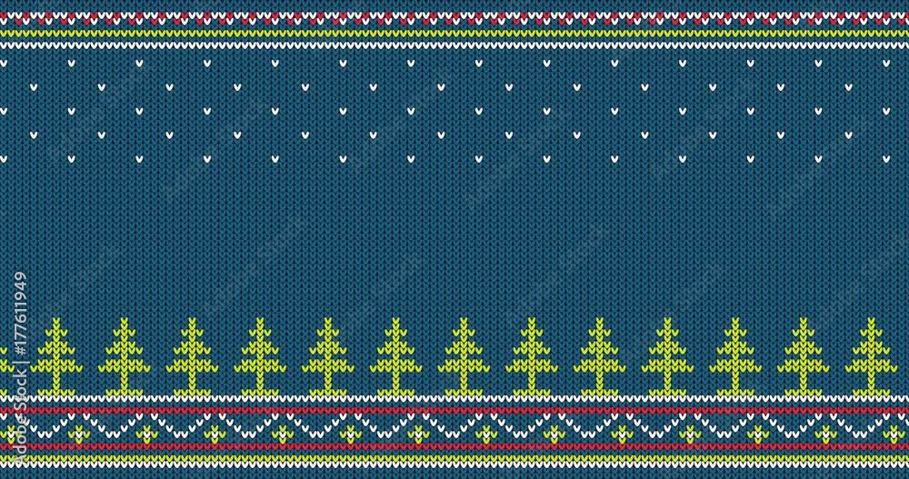 Seamless knitted pattern with Christmas trees and folk ornaments - looped animation.