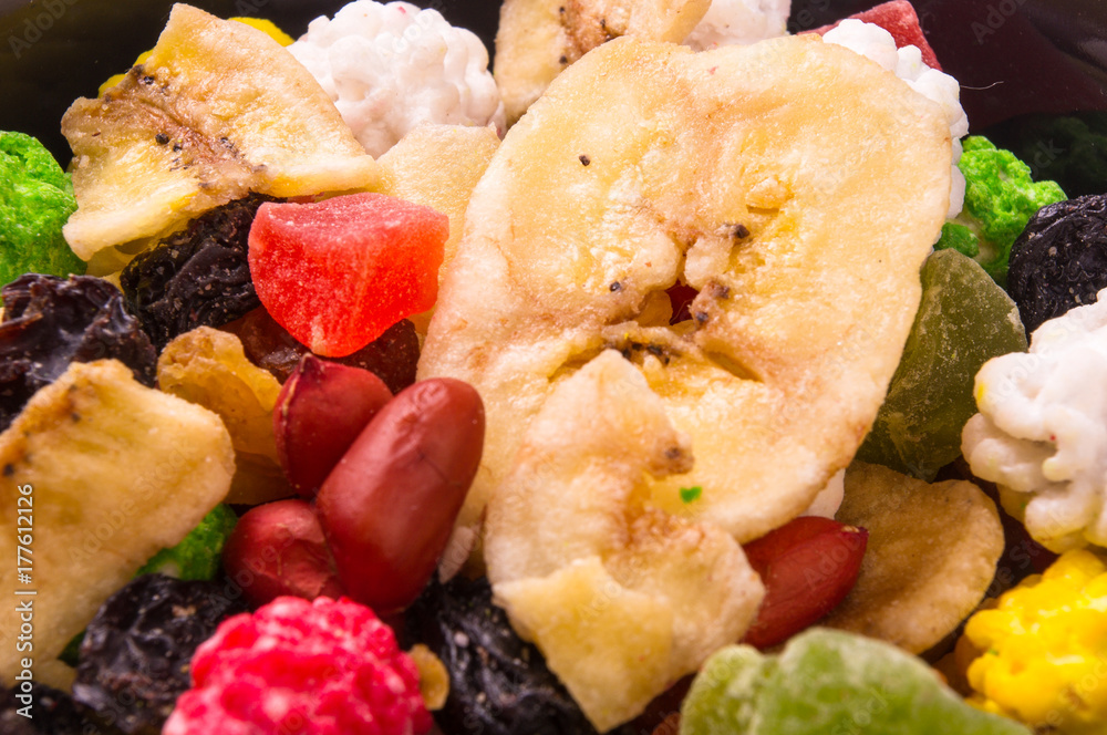 different mixed nuts and raisins