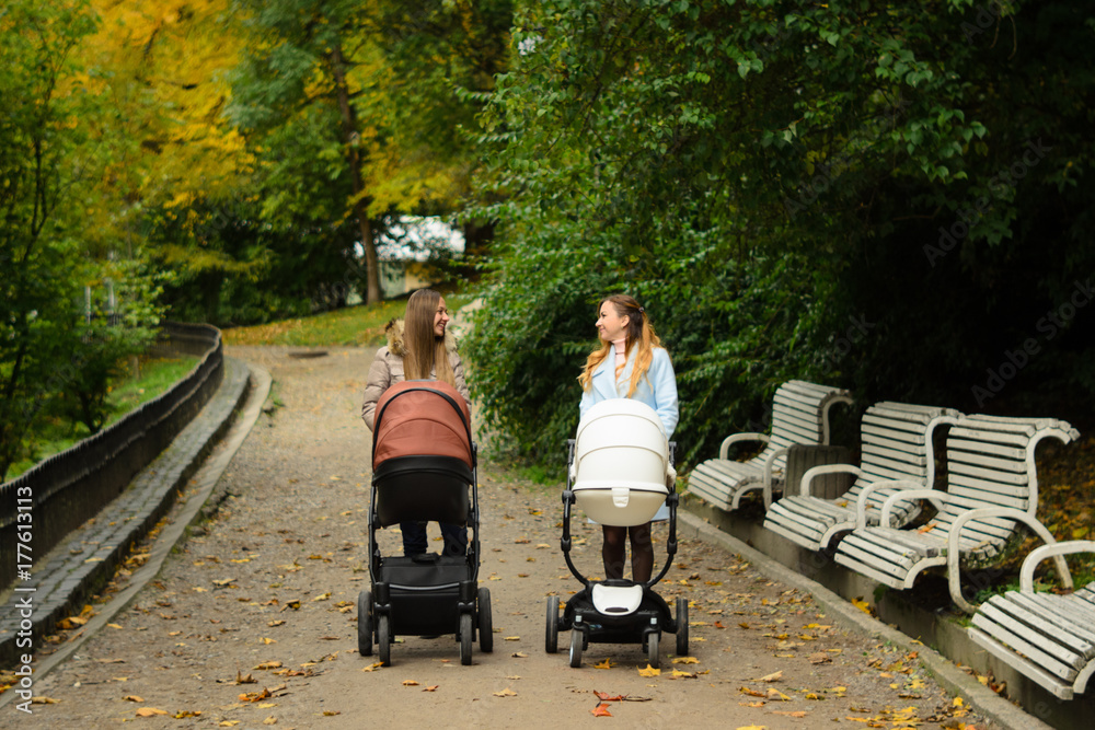 Two happy mothers with their baby strollers walking together in park. Motherhood
