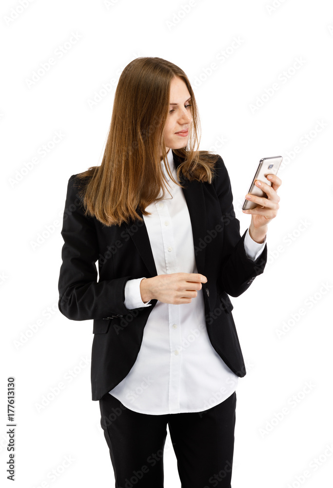 Young attractive businesswoman using smartphone isolated on white Young attractive businesswoman using smartphone isolated on white