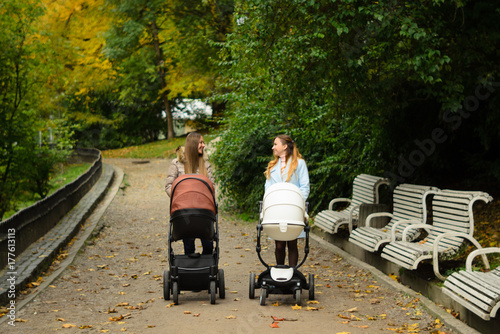 Obraz na płótnie Two happy mothers with their baby strollers walking together in park. Motherhood w salonie