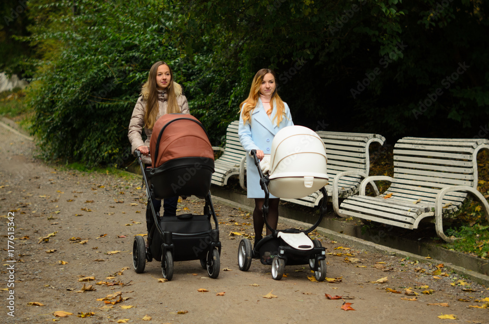 Two happy mothers with their baby strollers walking together in park. Motherhood