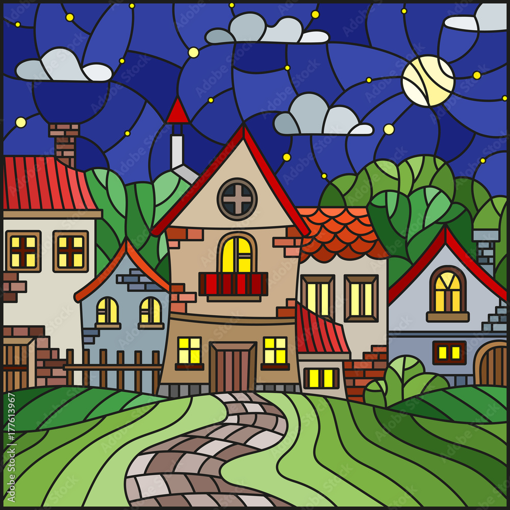 Illustration in stained glass style, urban landscape,roofs and trees against the starry sky and moon
