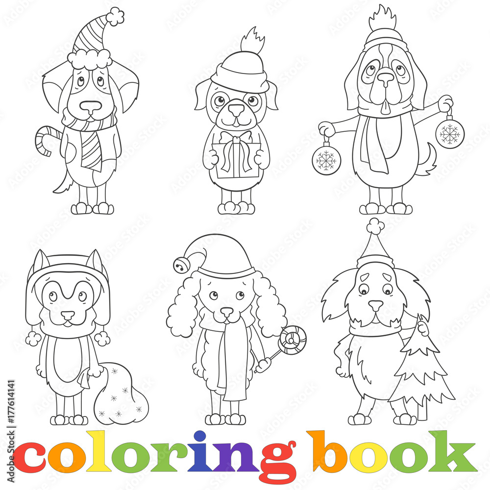 Contour set of illustrations with funny cartoon dogs on the topic of new year and Christmas, book coloring,a dark outline on a light background Contour set of illustrations with funny cartoon dogs on the topic of new year and Christmas, book coloring,a dark outline on a light background
