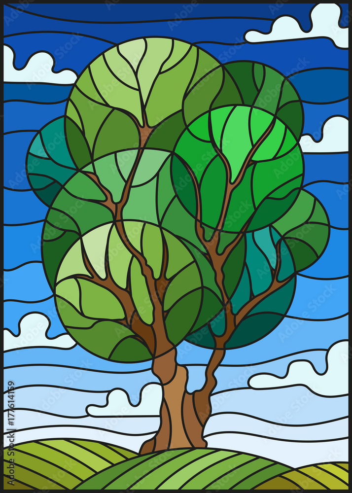 Obraz Illustration in stained glass style with tree on sky background