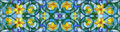 Fototapeta Naklejka Na Ścianę i Meble -  Illustration in stained glass style with abstract  swirls,yellow flowers and leaves  on a blue background,horizontal orientation